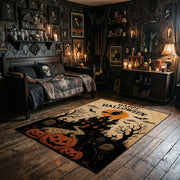 midnight pumpkin tree faux velvet Halloween area rug, full pattern view