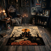 midnight pumpkin tree faux velvet Halloween area rug, soft surface detail