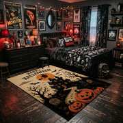 midnight pumpkin tree faux velvet Halloween area rug, wood floor styling