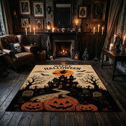 midnight pumpkin tree faux velvet Halloween area rug, close decorative detail