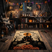 midnight pumpkin tree faux velvet Halloween area rug, front room mockup