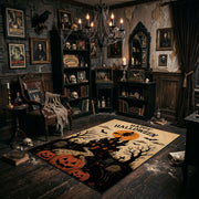 midnight pumpkin tree faux velvet Halloween area rug, wide interior view