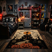 midnight pumpkin tree faux velvet Halloween area rug, design detail view