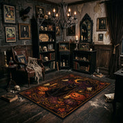 haunted raven and pumpkins faux velvet Halloween area rug, featured room view