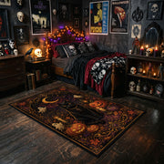 haunted raven and pumpkins faux velvet Halloween area rug, cozy home setting