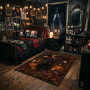 haunted raven and pumpkins faux velvet Halloween area rug, angled room view