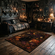 haunted raven and pumpkins faux velvet Halloween area rug, full pattern view