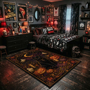 haunted raven and pumpkins faux velvet Halloween area rug, wood floor styling