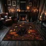 haunted raven and pumpkins faux velvet Halloween area rug, close decorative detail