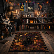 haunted raven and pumpkins faux velvet Halloween area rug, front room mockup