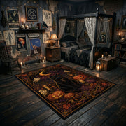 haunted raven and pumpkins faux velvet Halloween area rug, wide interior view