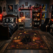 haunted raven and pumpkins faux velvet Halloween area rug, design detail view