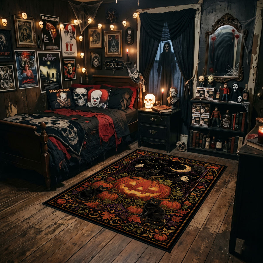 autumn crow and pumpkin garden faux velvet Halloween area rug, featured room view