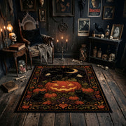 autumn crow and pumpkin garden faux velvet Halloween area rug, full pattern view