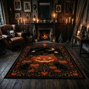 autumn crow and pumpkin garden faux velvet Halloween area rug, wood floor styling