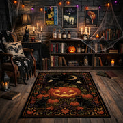 autumn crow and pumpkin garden faux velvet Halloween area rug, close decorative detail