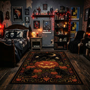autumn crow and pumpkin garden faux velvet Halloween area rug, design detail view