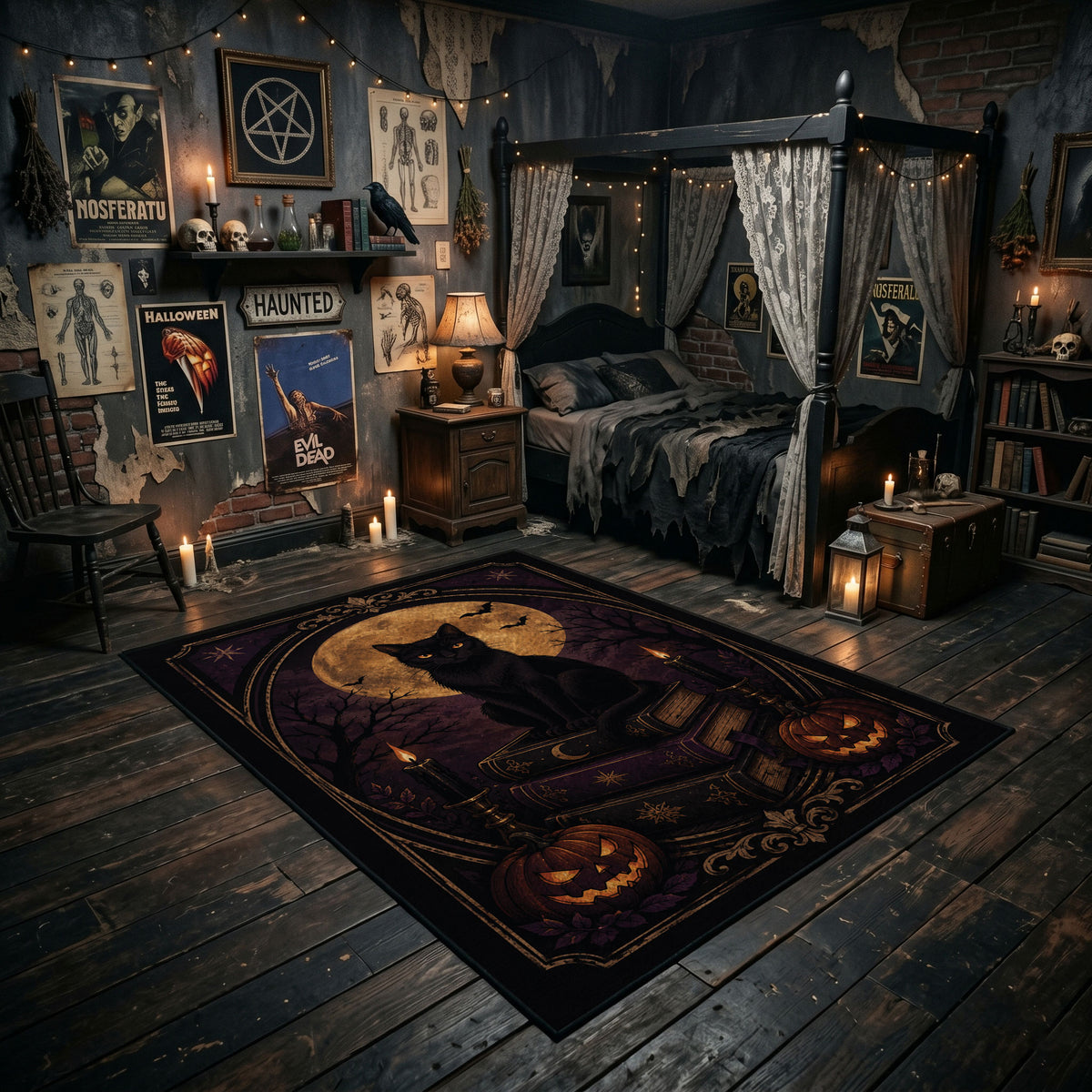 black cat beneath a crescent moon faux velvet Halloween area rug, featured room view