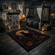 black cat beneath a crescent moon faux velvet Halloween area rug, featured room view