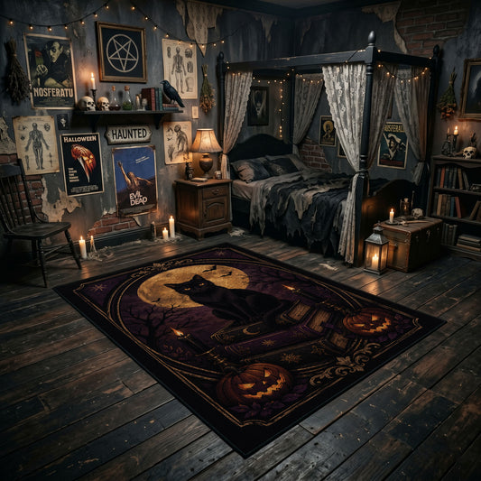 black cat beneath a crescent moon faux velvet Halloween area rug, featured room view