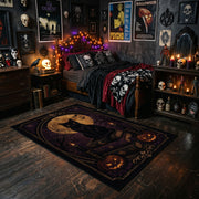 black cat beneath a crescent moon faux velvet Halloween area rug, cozy home setting