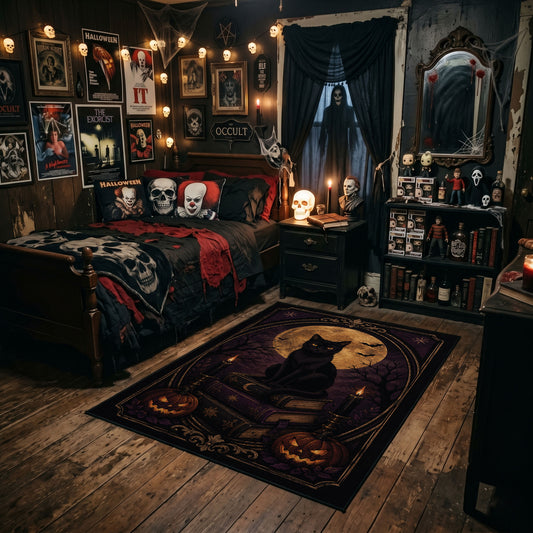 black cat beneath a crescent moon faux velvet Halloween area rug, angled room view
