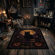 black cat beneath a crescent moon faux velvet Halloween area rug, soft surface detail