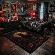 black cat beneath a crescent moon faux velvet Halloween area rug, wood floor styling