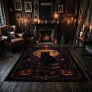 black cat beneath a crescent moon faux velvet Halloween area rug, close decorative detail