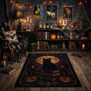 black cat beneath a crescent moon faux velvet Halloween area rug, front room mockup