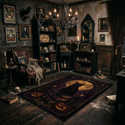 black cat beneath a crescent moon faux velvet Halloween area rug, wide interior view