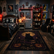black cat beneath a crescent moon faux velvet Halloween area rug, design detail view