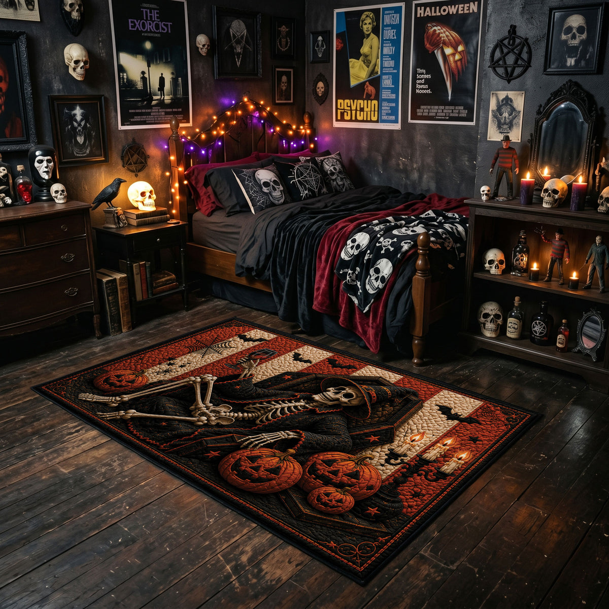 witch hat and glowing pumpkins faux velvet Halloween area rug, featured room view