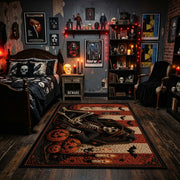 witch hat and glowing pumpkins faux velvet Halloween area rug, cozy home setting