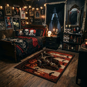 witch hat and glowing pumpkins faux velvet Halloween area rug, angled room view