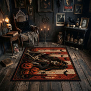 witch hat and glowing pumpkins faux velvet Halloween area rug, soft surface detail