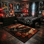witch hat and glowing pumpkins faux velvet Halloween area rug, wood floor styling
