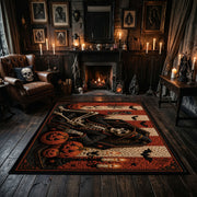 witch hat and glowing pumpkins faux velvet Halloween area rug, close decorative detail
