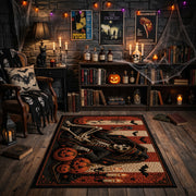 witch hat and glowing pumpkins faux velvet Halloween area rug, front room mockup