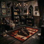 witch hat and glowing pumpkins faux velvet Halloween area rug, design detail view