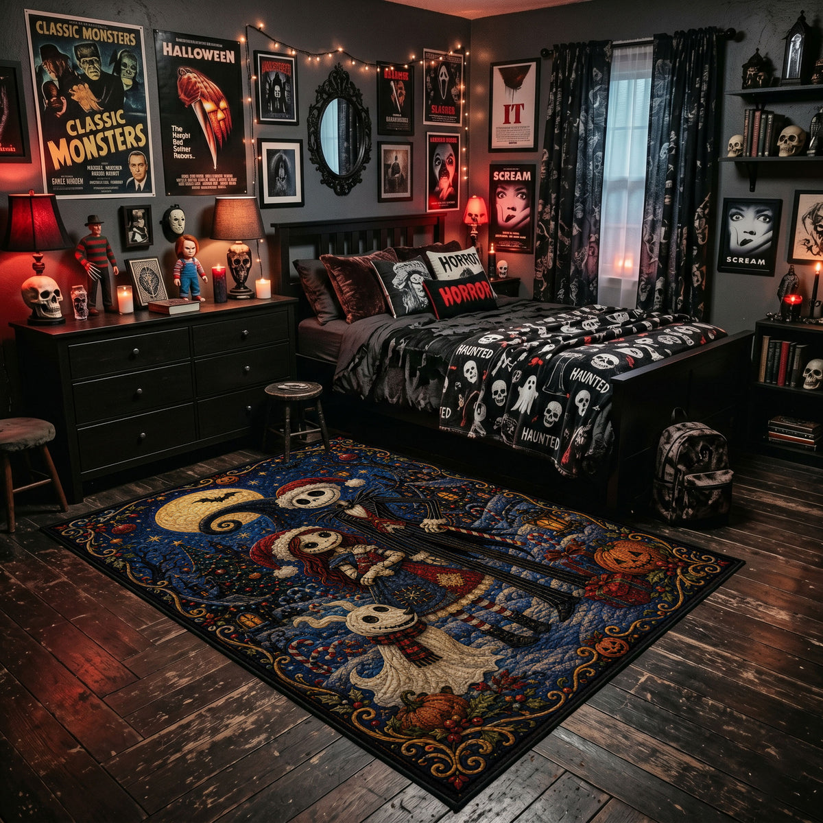 skeleton figure under a moonlit sky faux velvet Halloween area rug, featured room view