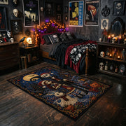 skeleton figure under a moonlit sky faux velvet Halloween area rug, cozy home setting