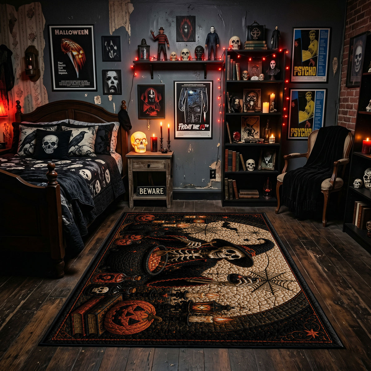 spooky black cat and pumpkins faux velvet Halloween area rug, featured room view