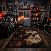 spooky black cat and pumpkins faux velvet Halloween area rug, featured room view