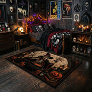 spooky black cat and pumpkins faux velvet Halloween area rug, cozy home setting