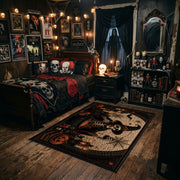 spooky black cat and pumpkins faux velvet Halloween area rug, angled room view