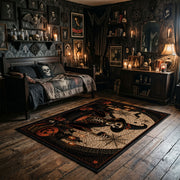 spooky black cat and pumpkins faux velvet Halloween area rug, full pattern view