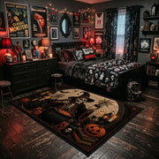 spooky black cat and pumpkins faux velvet Halloween area rug, wood floor styling