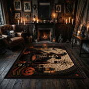 spooky black cat and pumpkins faux velvet Halloween area rug, close decorative detail