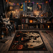 spooky black cat and pumpkins faux velvet Halloween area rug, front room mockup